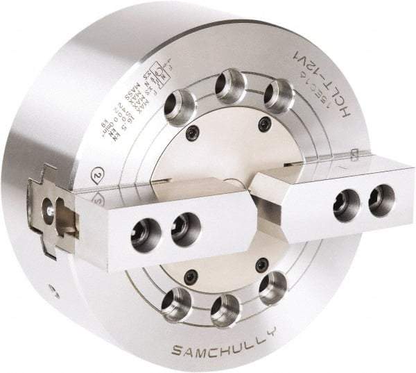 Samchully - 2 Jaw, 165mm Chuck Diam, Plain Back Mount, 0mm Through Hole Diam, Drawbar Hydraulic Power Lathe Chuck - 1.5mm x 60° Serrated Jaw Interface, 4,300 RPM, Steel Body - A1 Tooling