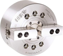 Samchully - 2 Jaw, 381mm Chuck Diam, Plain Back Mount, 0mm Through Hole Diam, Drawtube Hydraulic Power Lathe Chuck - 1.5mm x 60° Serrated Jaw Interface, 2,500 RPM, Steel Body - A1 Tooling