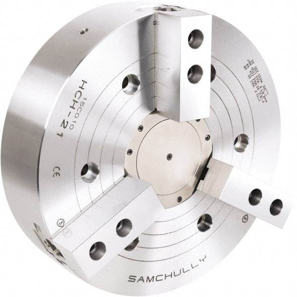 Samchully - 3 Jaw, 610mm Chuck Diam, Plain Back Mount, 165mm Through Hole Diam, Drawtube Hydraulic Power Lathe Chuck - 3mm x 60° Serrated Jaw Interface, 1,500 RPM, Steel Body - A1 Tooling