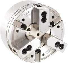 Samchully - 3 Jaw, 315mm Chuck Diam, Plain Back Mount, 122mm Through Hole Diam, Drawtube Hydraulic Power Lathe Chuck - 1/16" x 90° Serrated Jaw Interface, 3,200 RPM, Steel Body - A1 Tooling