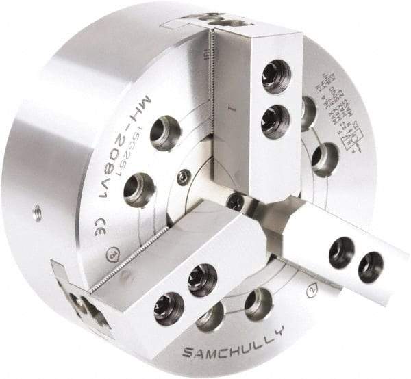 Samchully - 3 Jaw, 610mm Chuck Diam, Plain Back Mount, 190mm Through Hole Diam, Drawtube Hydraulic Power Lathe Chuck - 1.5mm x 60° Serrated Jaw Interface, 1,400 RPM, Steel Body - A1 Tooling