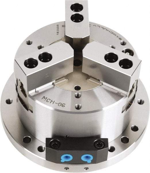 Samchully - 3 Jaw, 255mm Chuck Diam, Plain Back Mount, 0mm Through Hole Diam, Self-Contained Hydraulic Power Lathe Chuck - 1.5mm x 60° Serrated Jaw Interface, Steel Body - A1 Tooling