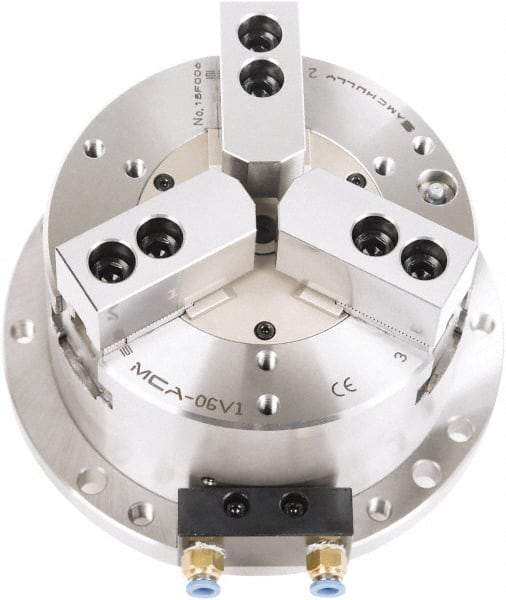 Samchully - 3 Jaw, 203mm Chuck Diam, Plain Back Mount, 0mm Through Hole Diam, Self-Contained Air Power Lathe Chuck - 1.5mm x 60° Serrated Jaw Interface, Steel Body - A1 Tooling