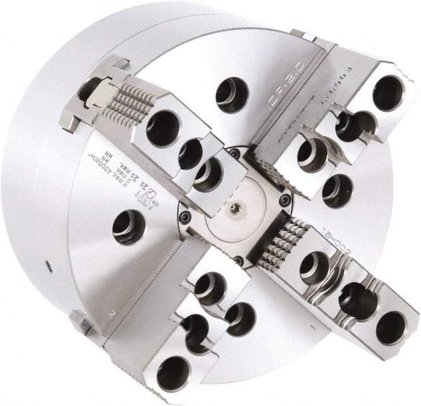 Samchully - 4 Jaw, 210mm Chuck Diam, Plain Back Mount, 0mm Through Hole Diam, Drawbar Hydraulic Power Lathe Chuck - 1.5mm x 60° Serrated Jaw Interface, 4,000 RPM, Steel Body - A1 Tooling