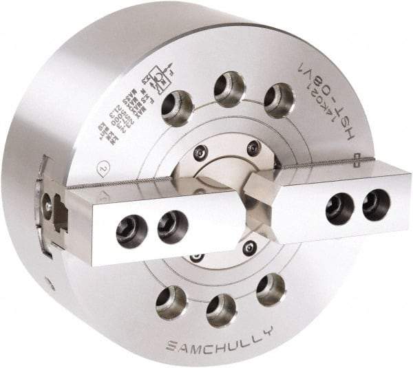 Samchully - 2 Jaw, 254mm Chuck Diam, Plain Back Mount, 77mm Through Hole Diam, Drawtube Hydraulic Power Lathe Chuck - 1.5mm x 60° Serrated Jaw Interface, 4,200 RPM, Steel Body - A1 Tooling