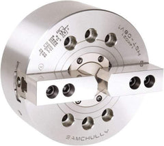 Samchully - 2 Jaw, 169mm Chuck Diam, Plain Back Mount, 46mm Through Hole Diam, Drawtube Hydraulic Power Lathe Chuck - 1.5mm x 60° Serrated Jaw Interface, 6,000 RPM, Steel Body - A1 Tooling