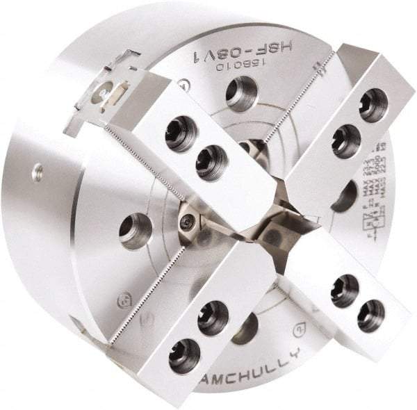 Samchully - 4 Jaw, 254mm Chuck Diam, Plain Back Mount, 77mm Through Hole Diam, Drawtube Hydraulic Power Lathe Chuck - 1.5mm x 60° Serrated Jaw Interface, 4,200 RPM, Steel Body - A1 Tooling