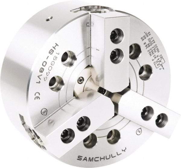 Samchully - 3 Jaw, 304mm Chuck Diam, Plain Back Mount, 91mm Through Hole Diam, Drawtube Hydraulic Power Lathe Chuck - 1.5mm x 60° Serrated Jaw Interface, 3,300 RPM, Steel Body - A1 Tooling