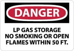 NMC - "Danger - LP Gas Storage - No Smoking or Open Flames Within 50 Ft.", 10" Long x 14" Wide, Fiberglass Safety Sign - Rectangle, 0.095" Thick, Use for Accident Prevention - A1 Tooling