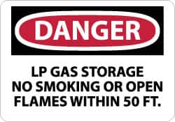 NMC - "Danger - LP Gas Storage - No Smoking or Open Flames Within 50 Ft.", 7" Long x 10" Wide, Pressure-Sensitive Vinyl Safety Sign - Rectangle, 0.004" Thick, Use for Accident Prevention - A1 Tooling