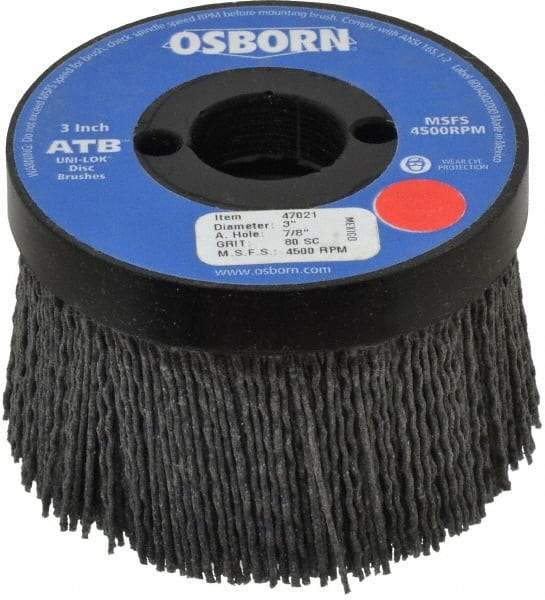 Osborn - 3" 80 Grit Silicon Carbide Crimped Disc Brush - Medium Grade, Plain Hole Connector, 1-1/2" Trim Length, 3/4" Shank Diam, 7/8" Arbor Hole - A1 Tooling