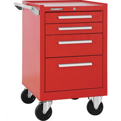 Steel Tool Roller Cabinet: 21″ OAW, 35″ OAH, 20″ OAD, 4 Drawers Powder Coated, Red, Steel Top, Tubular Key Lock, (2) Fixed & (2) Swivel with Brake