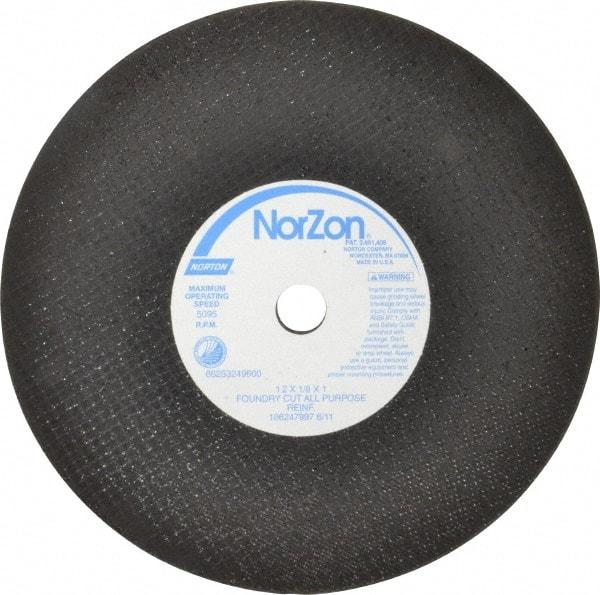 Norton - 12" Zirconia Alumina Cutoff Wheel - 1/8" Thick, 1" Arbor, 5,095 Max RPM, Use with Stationary Grinders - A1 Tooling