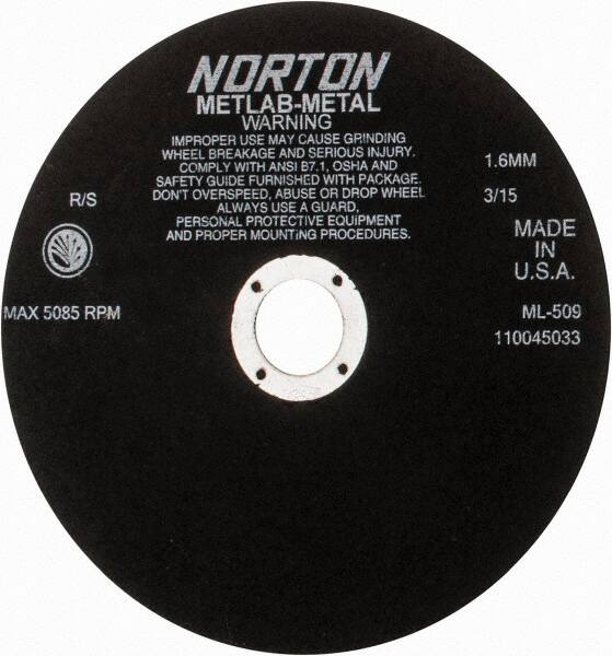 Norton - 9" Aluminum Oxide Cutoff Wheel - 0.063" Thick, 1-1/4" Arbor, 5,085 Max RPM, Use with Stationary Tools - A1 Tooling