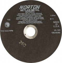 Norton - 9" Aluminum Oxide Cutoff Wheel - 0.063" Thick, 1-1/4" Arbor, 4,025 Max RPM, Use with Stationary Tools - A1 Tooling