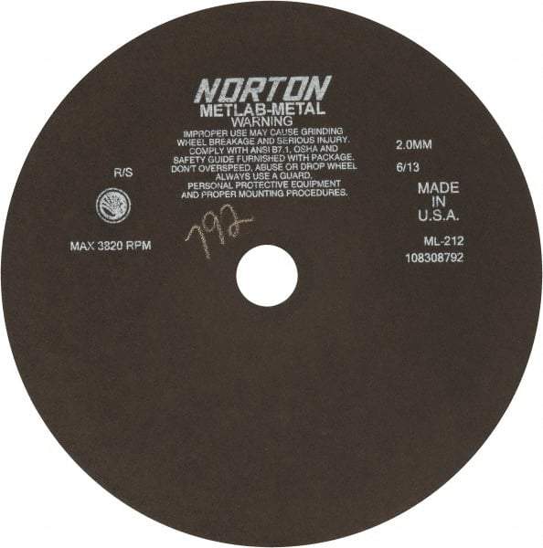 Norton - 12" Aluminum Oxide Cutoff Wheel - 0.078" Thick, 1-1/4" Arbor, 3,820 Max RPM, Use with Stationary Tools - A1 Tooling