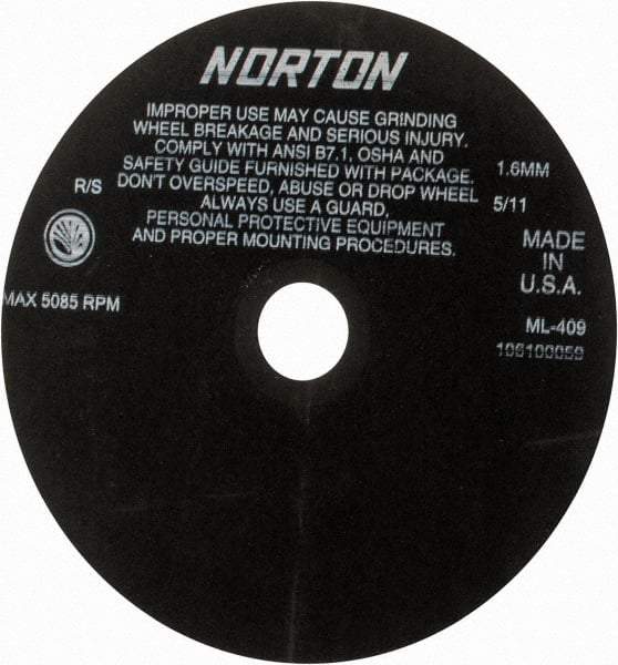 Norton - 9" Aluminum Oxide Cutoff Wheel - 0.063" Thick, 1-1/4" Arbor, 5,085 Max RPM, Use with Stationary Tools - A1 Tooling