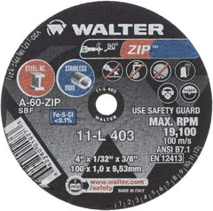 WALTER Surface Technologies - 4" 60 Grit Aluminum Oxide Cutoff Wheel - 1/32" Thick, 3/8" Arbor, 19,100 Max RPM, Use with Die Grinders - A1 Tooling