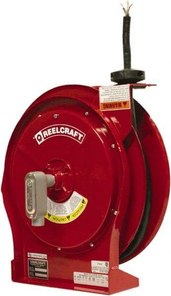 Reelcraft - 12 AWG, 50' Cable Length, Cord & Cable Reel with Flying Lead End - 0 Outlets, 16 Amps, 600 Volts, SEOOW Cable, Red Reel, Spring Driven Reel - A1 Tooling