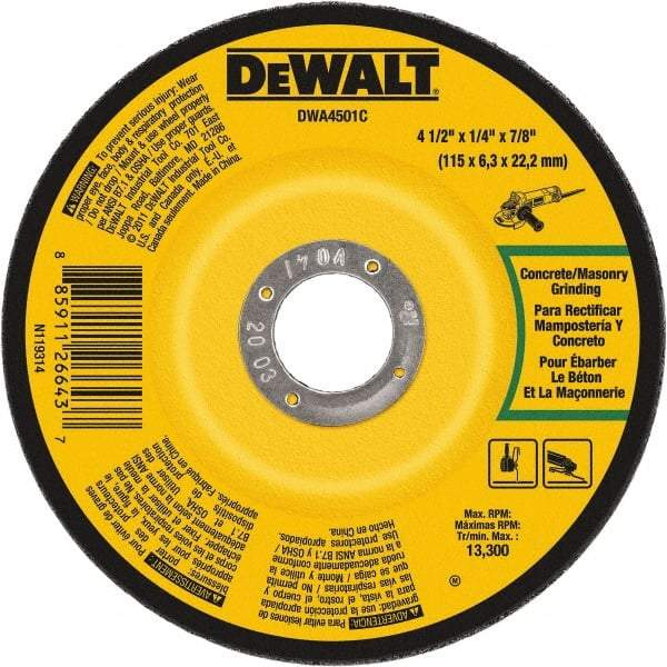 DeWALT - 24 Grit, 4-1/2" Wheel Diam, 1/4" Wheel Thickness, 7/8" Arbor Hole, Type 27 Depressed Center Wheel - Silicon Carbide, 13,300 Max RPM, Compatible with Angle Grinder - A1 Tooling