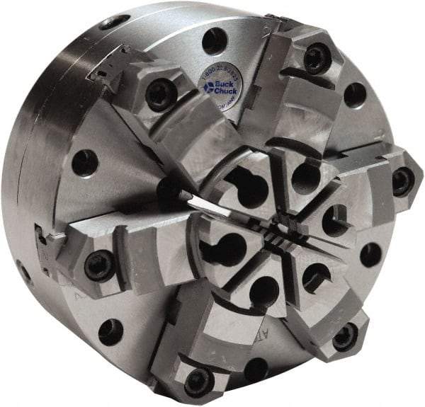 Buck Chuck Company - 6 Jaws, 12" Diam, Self Centering Manual Lathe Chuck - Plain Back Mount Spindle, Adjustable, Reversible, 1,100 Max RPM, 4-1/16" Through Hole Diam, Cast Iron - A1 Tooling