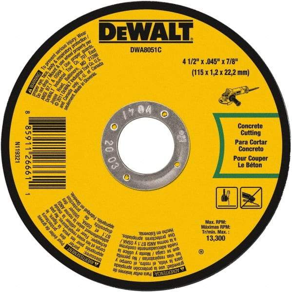 DeWALT - 4-1/2" 60 Grit Aluminum Oxide Cutoff Wheel - 0.045" Thick, 7/8" Arbor, 13,300 Max RPM, Use with Angle Grinders - A1 Tooling