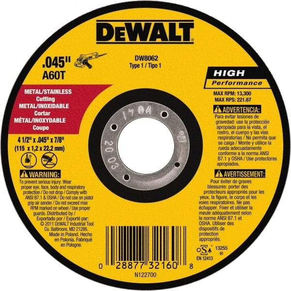 DeWALT - 4-1/2" 60 Grit Aluminum Oxide Cutoff Wheel - 0.045" Thick, 7/8" Arbor, 13,300 Max RPM, Use with Angle Grinders - A1 Tooling