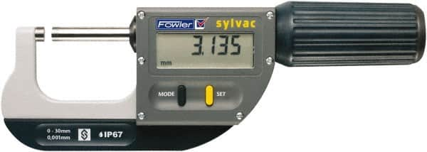 Fowler - 0 to 1.2" Range, 0.00005" Resolution, Standard Throat IP67 Electronic Outside Micrometer - 0.00012" Accuracy, Ratchet Stop Thimble, Carbide-Tipped Face, CR2032 Battery - A1 Tooling