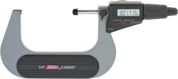 SPI - 3 to 4" Range, 0.00005" Resolution, Standard Throat IP54 Electronic Outside Micrometer - 0.0002" Accuracy, Friction Thimble, Carbide-Tipped Face, LR44 Battery, Includes NIST Traceable Certification of Inspection - A1 Tooling