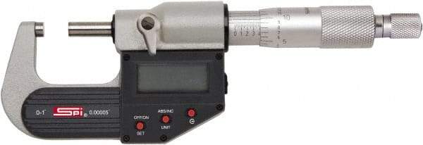 SPI - 4 to 5" Range, 0.00005" Resolution, Standard Throat IP65 Electronic Outside Micrometer - 0.0002" Accuracy, Ratchet Stop Thimble, Carbide-Tipped Face, LR44 Battery, Includes NIST Traceable Certification of Inspection - A1 Tooling