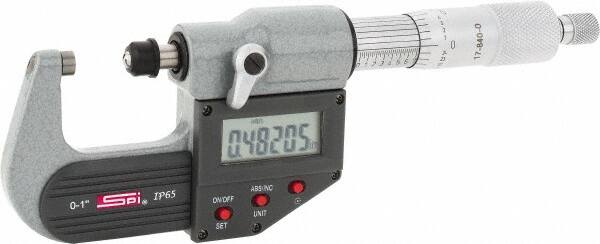 SPI - 0 to 1" Range, 0.00005" Resolution, Standard Throat IP65 Electronic Outside Micrometer - 0.0001" Accuracy, Ratchet Stop Thimble, Carbide-Tipped Face, LR44 Battery, Includes NIST Traceable Certification of Inspection - A1 Tooling