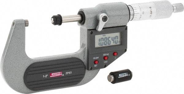 SPI - 1 to 2" Range, 0.00005" Resolution, Standard Throat IP65 Electronic Outside Micrometer - 0.0001" Accuracy, Ratchet Stop Thimble, Carbide-Tipped Face, LR44 Battery, Includes NIST Traceable Certification of Inspection - A1 Tooling