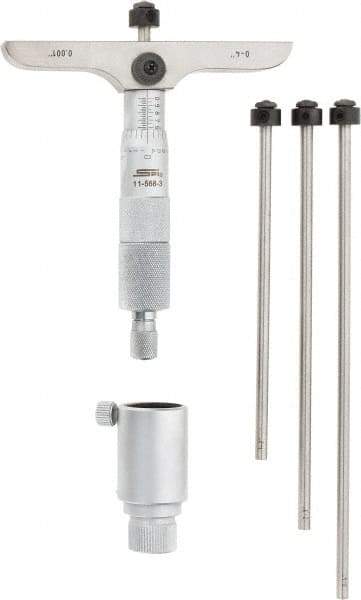 SPI - 0 to 4" Range, 4 Rod, Mechanical Depth Micrometer - Ratchet Stop Thimble, 4" Base Length, 0.001" Graduation, 4.5mm Rod Diam - A1 Tooling