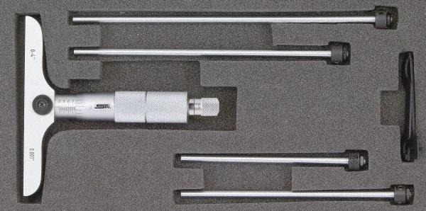 SPI - 0 to 12" Range, 12 Rod, Mechanical Depth Micrometer - Ratchet Stop Thimble, 4" Base Length, 0.001" Graduation, 4.5mm Rod Diam - A1 Tooling