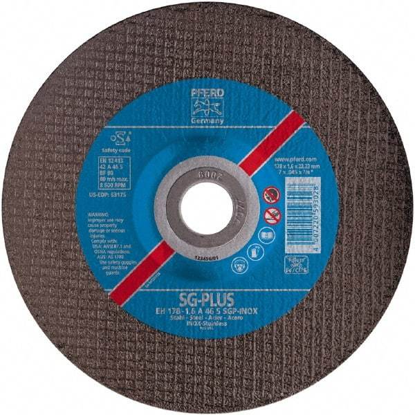 PFERD - 46 Grit, 4-1/2" Wheel Diam, 7/8" Arbor Hole, Type 27 Depressed Center Wheel - Aluminum Oxide - A1 Tooling