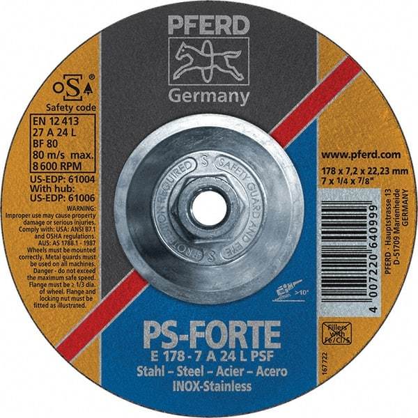 PFERD - 46 Grit, 7" Wheel Diam, 1/4" Wheel Thickness, Type 27 Depressed Center Wheel - Aluminum Oxide - A1 Tooling