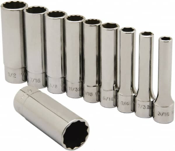 Ability One - 1/4" Drive Deep Well Socket Set - 6, 12 Points, 3/16" to 9/16" Range, Inch Measurement Standard - A1 Tooling