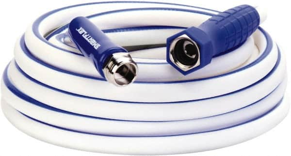 Legacy - 25' Long Marine/RV Hose - 5/8" Diam, 3/4" GHT, Hi-Tec Polymer, 150 psi, All Season, White with Blue Stripe - A1 Tooling