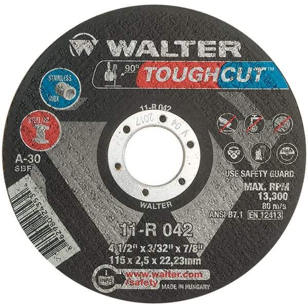 WALTER Surface Technologies - 4-1/2" 30 Grit Aluminum Oxide Cutoff Wheel - 3/32" Thick, 7/8" Arbor, 13,300 Max RPM, Use with Angle Grinders - A1 Tooling