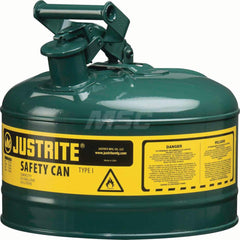 Justrite - Safety Dispensing Cans; Capacity: 2.5 Gal ; Material: Steel ; Color: Green ; Height (Decimal Inch): 11.500000 ; Diameter/Length (mm): 11.75 ; Approval Listing/Regulations: FM Approved; UL; ULC; TUV - Exact Industrial Supply