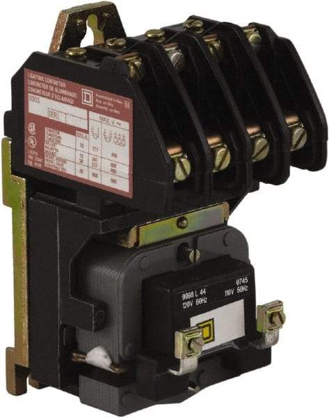 Square D - No Enclosure, 4 Pole, Electrically Held Lighting Contactor - 20 A (Tungsten), 30 A (Fluorescent), 24 VAC at 60 Hz, 4NO Contact Configuration - A1 Tooling