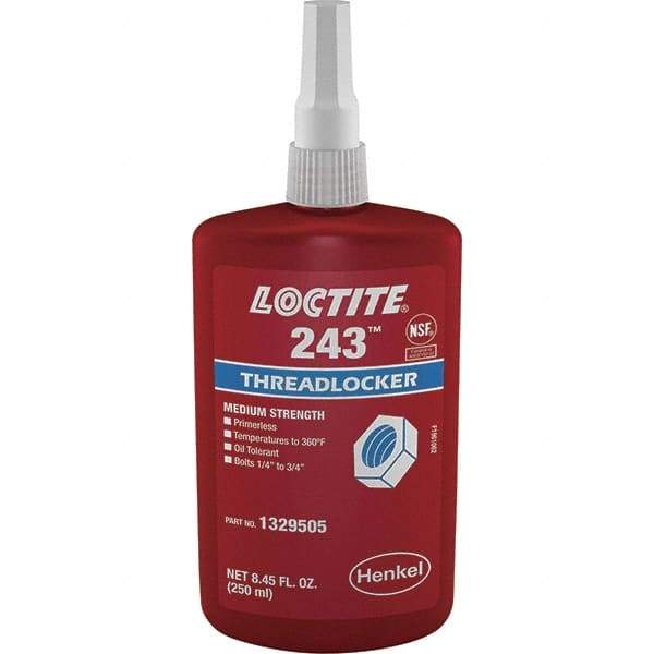 Loctite - 250 mL Bottle, Blue, Medium Strength Liquid Threadlocker - Series 243, 24 hr Full Cure Time, Hand Tool, Heat Removal - A1 Tooling