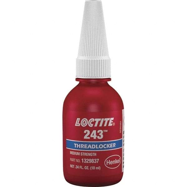 Loctite - 10 mL Bottle, Blue, Medium Strength Liquid Threadlocker - Series 243, 24 hr Full Cure Time, Hand Tool, Heat Removal - A1 Tooling