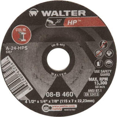 WALTER Surface Technologies - 24 Grit, 4-1/2" Wheel Diam, 1/4" Wheel Thickness, 7/8" Arbor Hole, Type 27 Depressed Center Wheel - Aluminum Oxide, 13,300 Max RPM - A1 Tooling