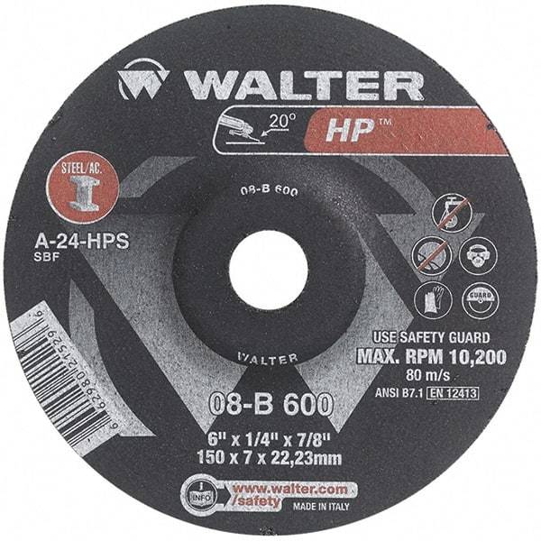 WALTER Surface Technologies - 24 Grit, 6" Wheel Diam, 1/4" Wheel Thickness, 7/8" Arbor Hole, Type 27 Depressed Center Wheel - Aluminum Oxide, Resinoid Bond, 10,200 Max RPM - A1 Tooling