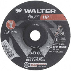 WALTER Surface Technologies - 24 Grit, 6" Wheel Diam, 1/4" Wheel Thickness, 7/8" Arbor Hole, Type 27 Depressed Center Wheel - Aluminum Oxide, Resinoid Bond, 10,200 Max RPM - A1 Tooling