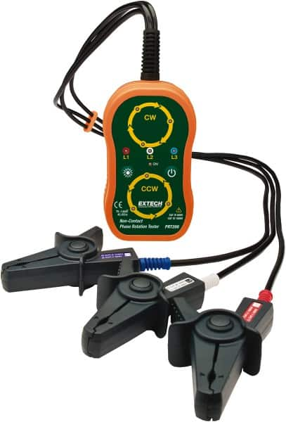 Extech - 3 Phase, 75 to 1,000 VAC, 45 to 65 Hz, 14 to 122°F, LED Display Phase Rotation Tester - AA, Includes (4) AA Batteries, Pouch Case, Test Leads with Large Color-Coded Alligator Clips, CAT III 600 V, CE, EN 61010-1 - A1 Tooling