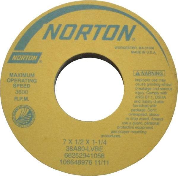 Norton - 7" Diam x 1-1/4" Hole x 1/2" Thick, L Hardness, 80 Grit Surface Grinding Wheel - Aluminum Oxide, Type 1, Medium Grade, 3,600 Max RPM, Vitrified Bond, No Recess - A1 Tooling