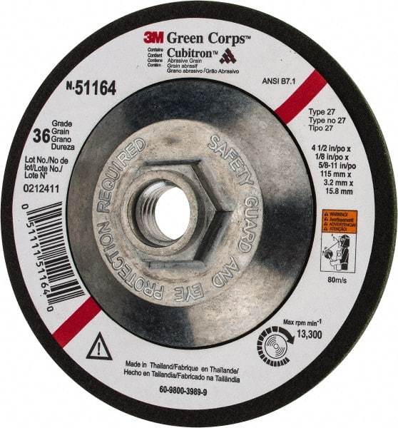 3M - 36 Grit, 4-1/2" Wheel Diam, 1/8" Wheel Thickness, Type 27 Depressed Center Wheel - Ceramic, 13,300 Max RPM, Compatible with Angle Grinder - A1 Tooling