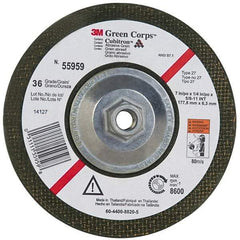 3M - 36 Grit, 7" Wheel Diam, 1/4" Wheel Thickness, Type 27 Depressed Center Wheel - Ceramic, 8,600 Max RPM, Compatible with Angle Grinder - A1 Tooling